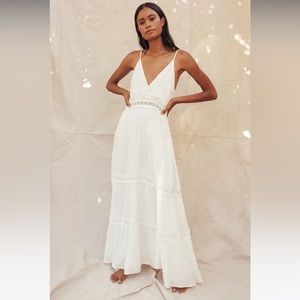 NWT Lulu’s Light Breeze White Striped Crochet Lace Tiered Maxi Dress